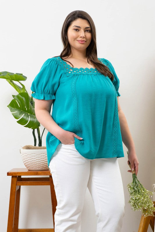 Scalloped Square Neck Crochet Trim Top (Plus Size)