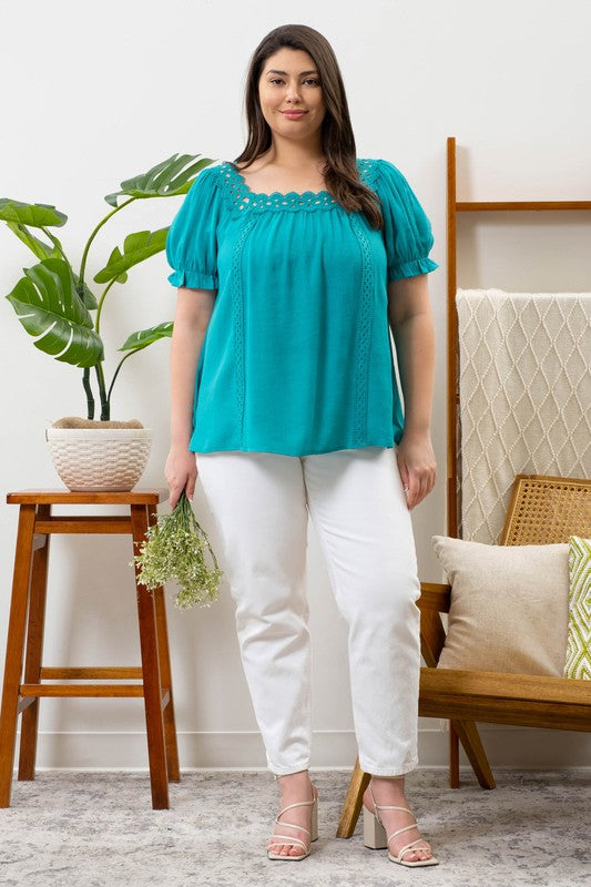 Scalloped Square Neck Crochet Trim Top (Plus Size)