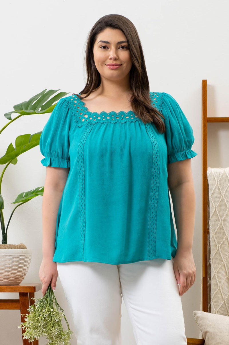 Scalloped Square Neck Crochet Trim Top (Plus Size)