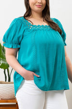 Scalloped Square Neck Crochet Trim Top (Plus Size)