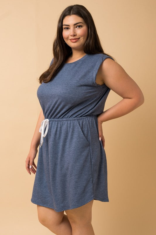 Sleeveless Drawstring Round Hem Dress (Plus Size - Blue)