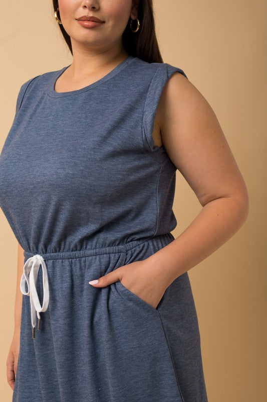 Sleeveless Drawstring Round Hem Dress (Plus Size - Blue)