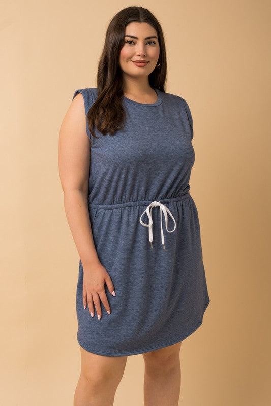 Sleeveless Drawstring Round Hem Dress (Plus Size - Blue)