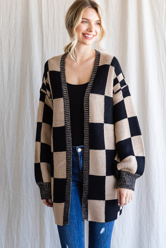Checkerboard Bishop Sleeve Cardigan