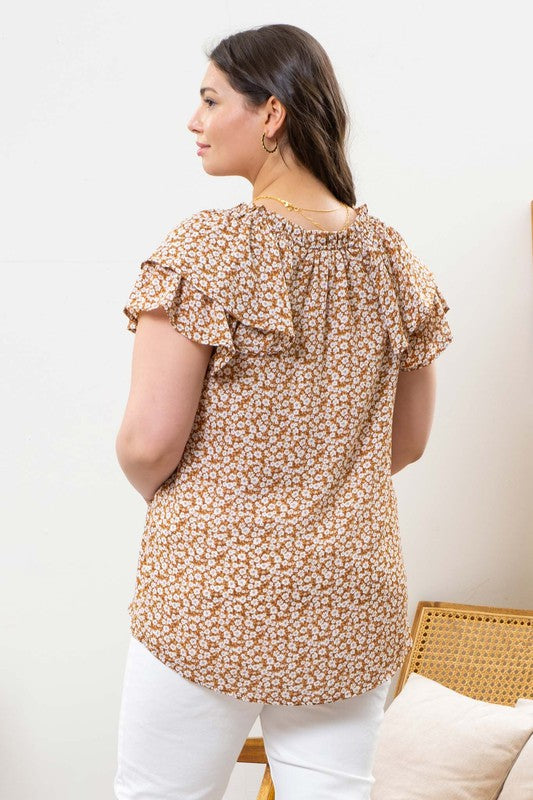 Floral Layered Sleeve Top (Plus Size - Brown)