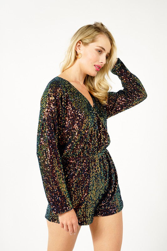 Long Sleeve Sequin Romper (Black - Plus Size)