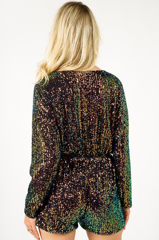 Long Sleeve Sequin Romper (Black - Plus Size)