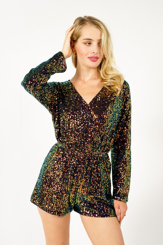 Long Sleeve Sequin Romper (Black - Plus Size)
