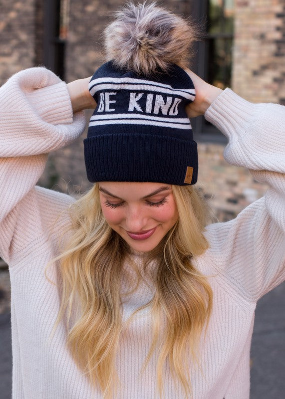 "Be Kind" Knit Pom Pom Hat (Navy & White)
