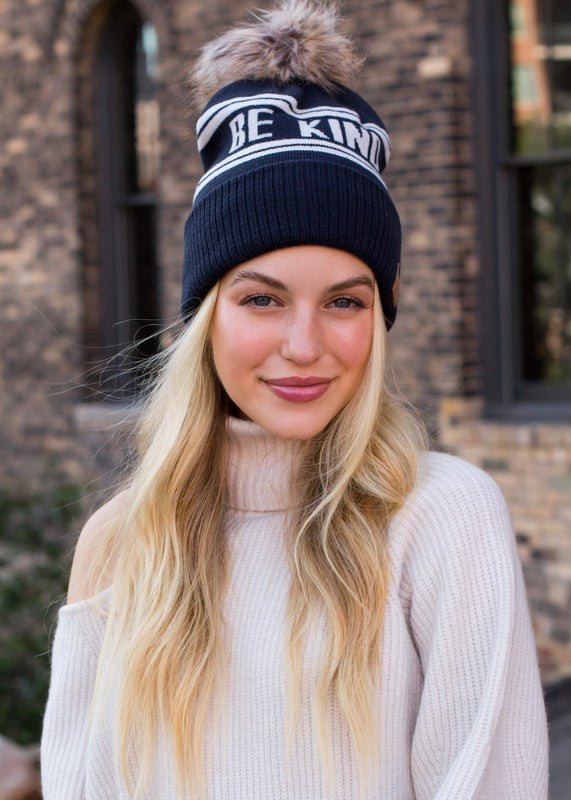 "Be Kind" Knit Pom Pom Hat (Navy & White)