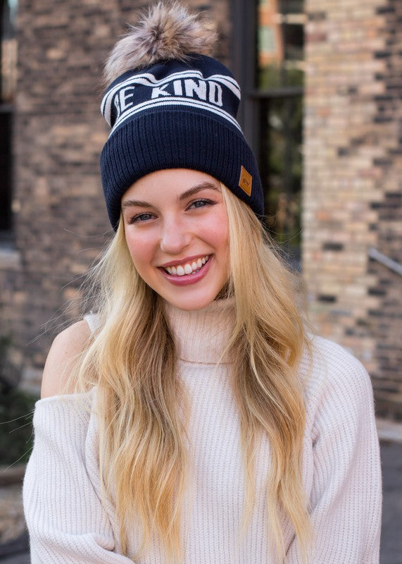 "Be Kind" Knit Pom Pom Hat (Navy & White)