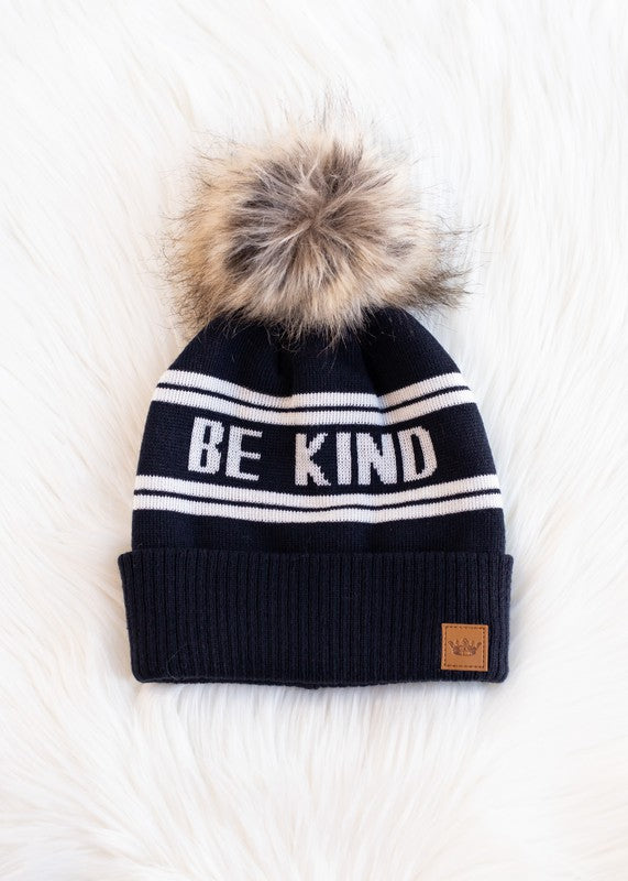 "Be Kind" Knit Pom Pom Hat (Navy & White)