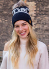 "Be Merry" Cuffed Knit Pom Pom Hat (Dark Navy & Red)