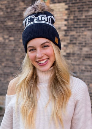 "Be Merry" Cuffed Knit Pom Pom Hat (Dark Navy & Red)