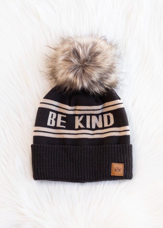 "Be Kind" Knit Pom Pom Hat (Brown & Cream)