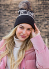 "Be Kind" Knit Pom Pom Hat (Brown & Cream)