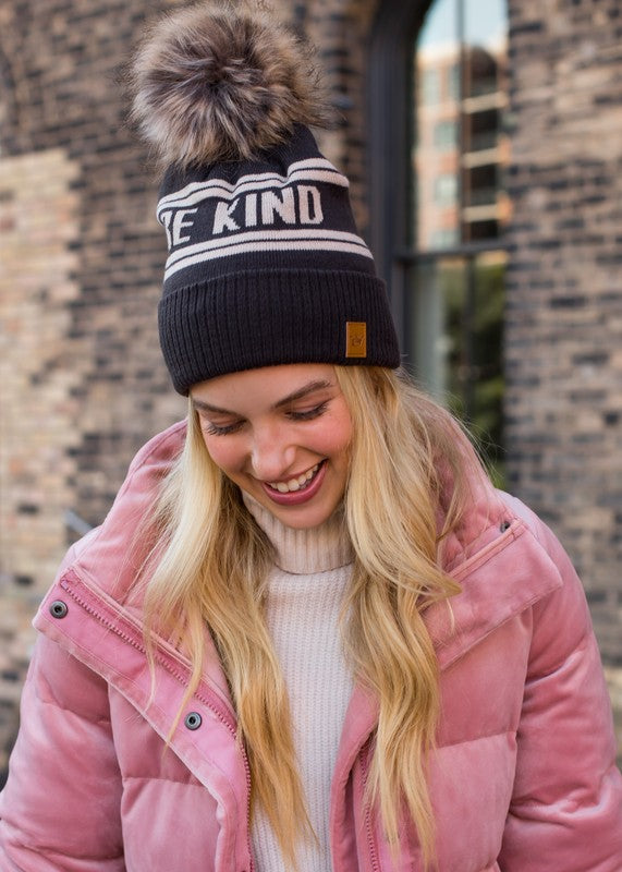 "Be Kind" Knit Pom Pom Hat (Brown & Cream)