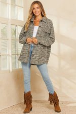 Stretchy Striped Button Front Shirt Jacket (Khaki Stripe)