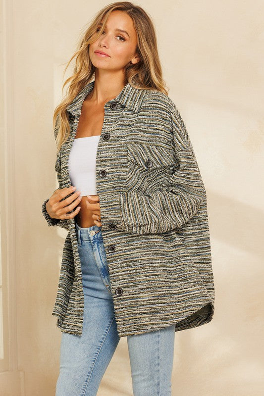 Stretchy Striped Button Front Shirt Jacket (Khaki Stripe)