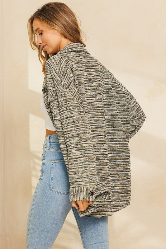Stretchy Striped Button Front Shirt Jacket (Khaki Stripe)