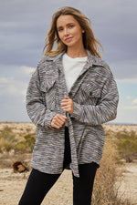 Stretchy Striped Button Front Shirt Jacket (Fuchsia Stripe)