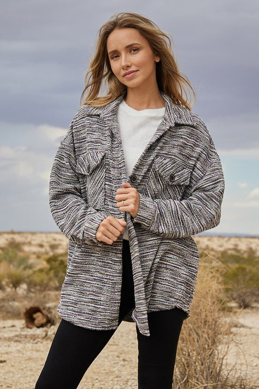 Stretchy Striped Button Front Shirt Jacket (Fuchsia Stripe)