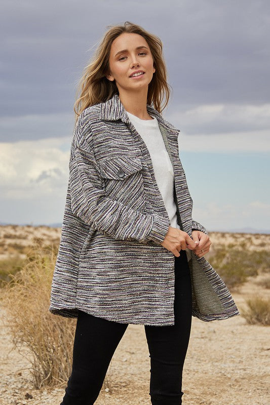 Stretchy Striped Button Front Shirt Jacket (Fuchsia Stripe)