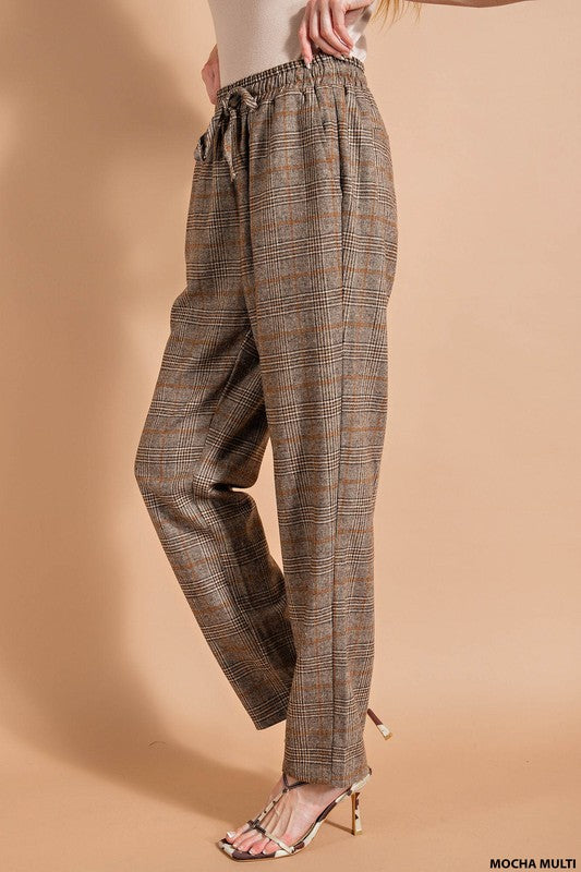 Elastic Waist Plaid Pants