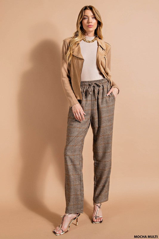 Elastic Waist Plaid Pants