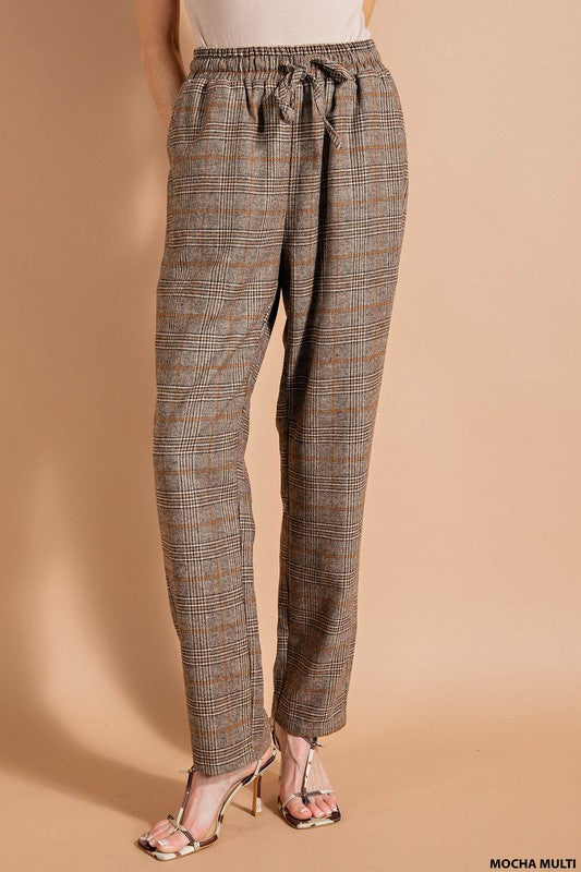Elastic Waist Plaid Pants