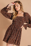 Smocked Top Long Sleeve Animal Print Dress