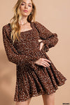 Smocked Top Long Sleeve Animal Print Dress