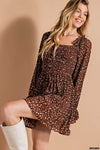 Smocked Top Long Sleeve Animal Print Dress