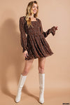 Smocked Top Long Sleeve Animal Print Dress