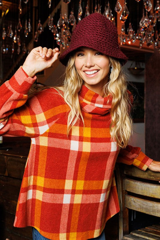 Rust Checkered Turtleneck Sweater