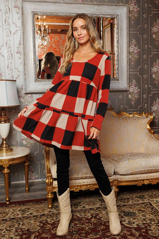 Plaid Tiered Long Sleeve Dress