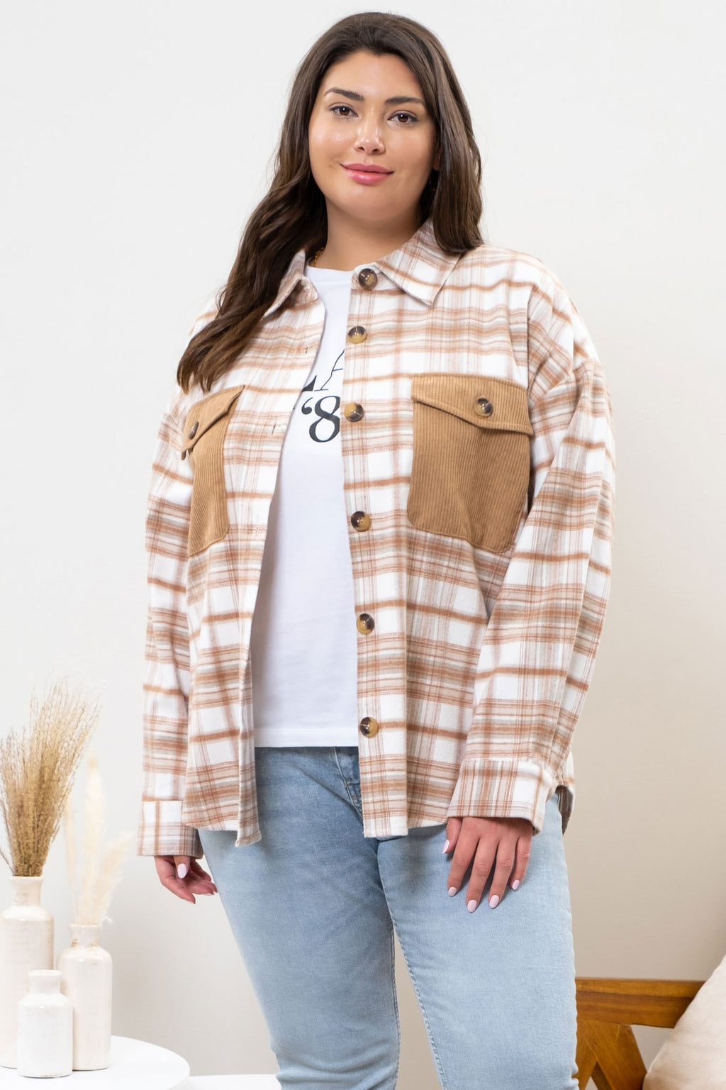 Plaid Contrast Flannel (Plus Size - Brown)