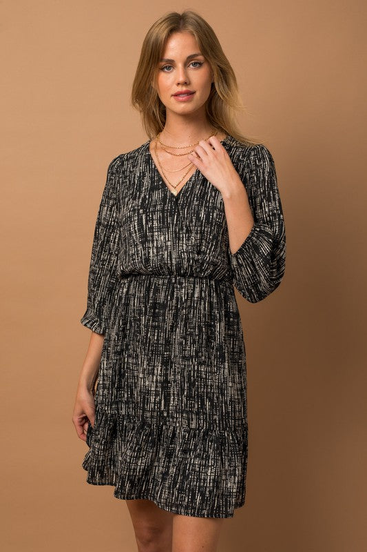 3/4 Sleeve Black & White Print Dress