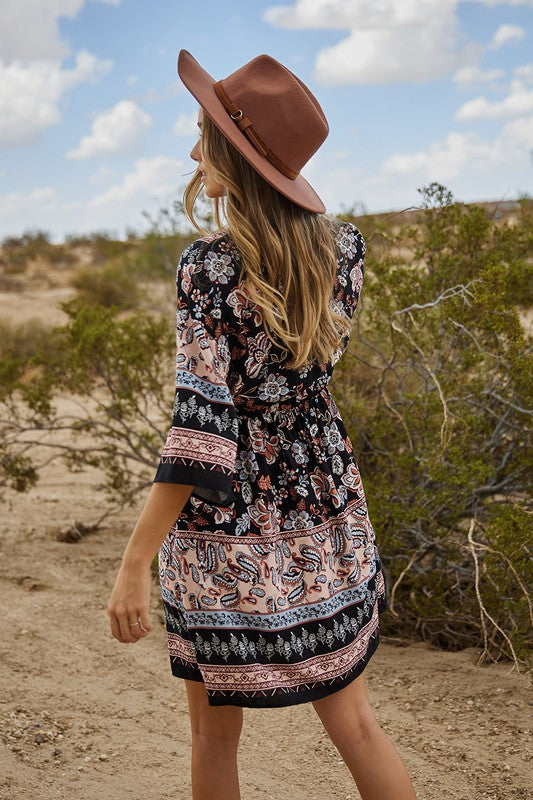 V-Neck Kimono Sleeve Elastic Waist Dress
