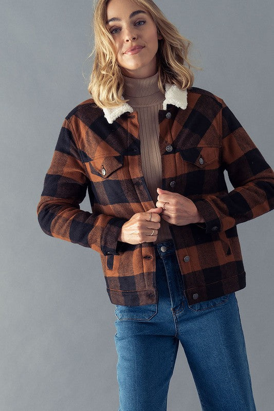Sherpa Lined Buffalo Plaid Jacket (Brown)