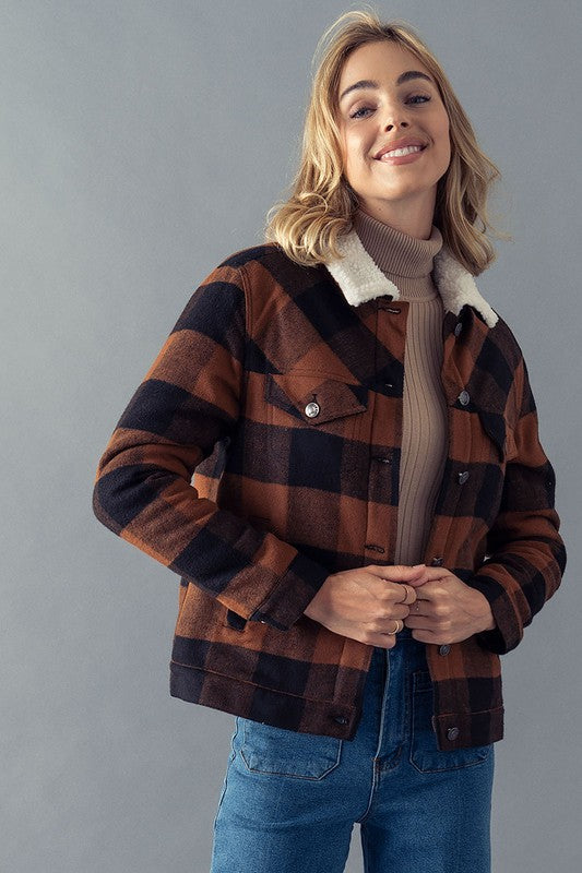Sherpa Lined Buffalo Plaid Jacket (Brown)