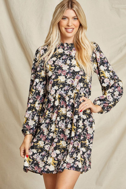 Ruffle Mock Neck Long Sleeve Floral Print Dress