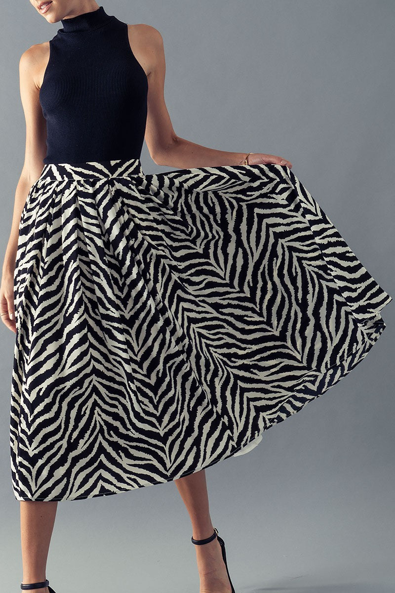 High Waisted Zebra Print Midi Skirt