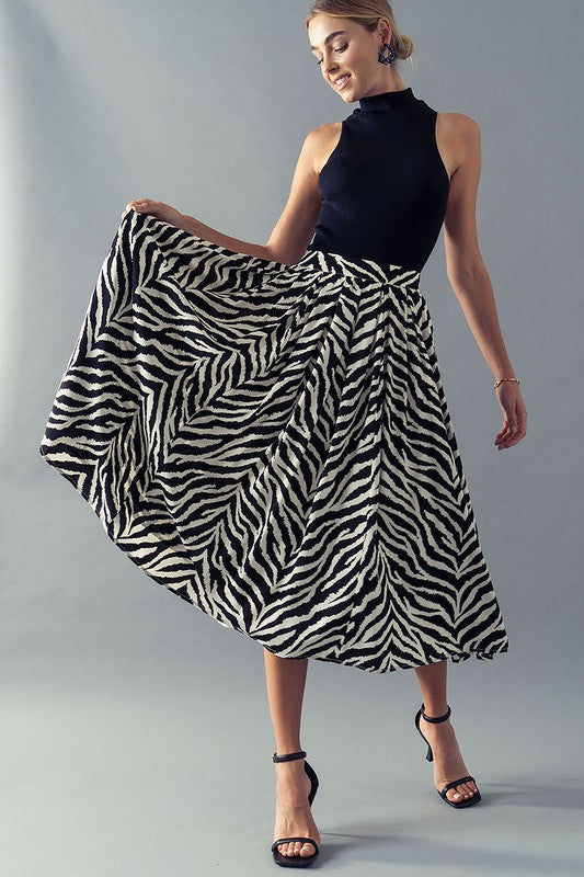 High Waisted Zebra Print Midi Skirt