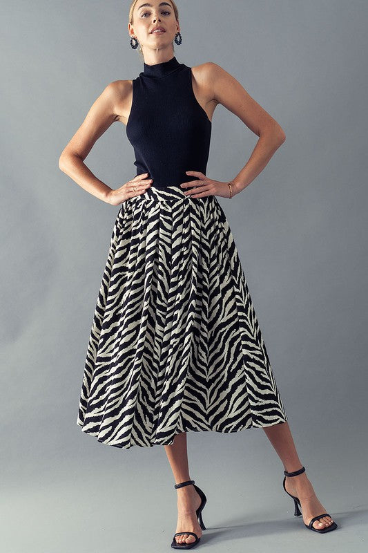 High Waisted Zebra Print Midi Skirt
