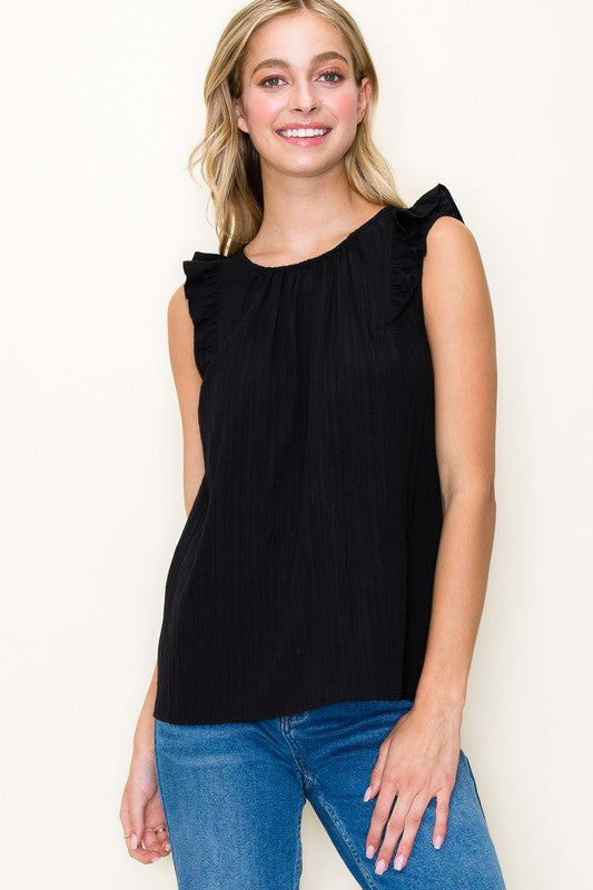 Ruffle Shoulder Button Back Sleeveless Top