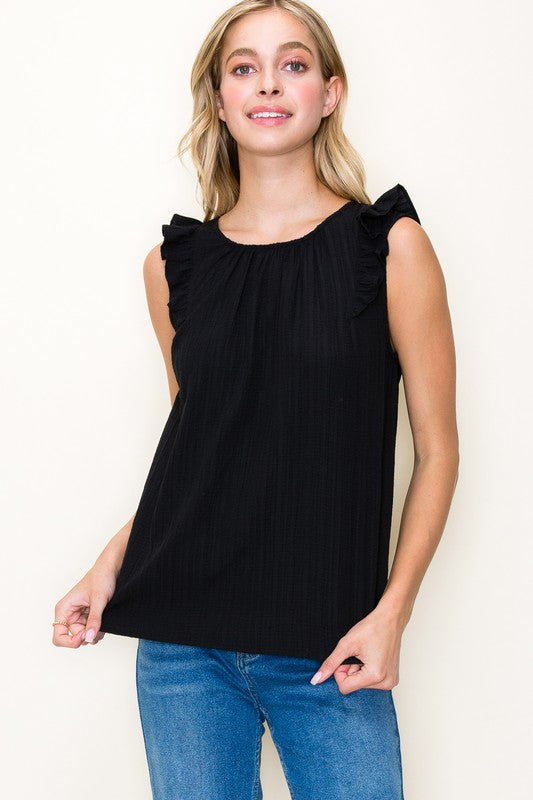 Ruffle Shoulder Button Back Sleeveless Top