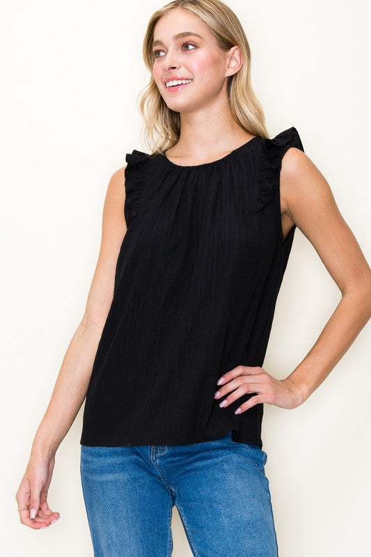 Ruffle Shoulder Button Back Sleeveless Top