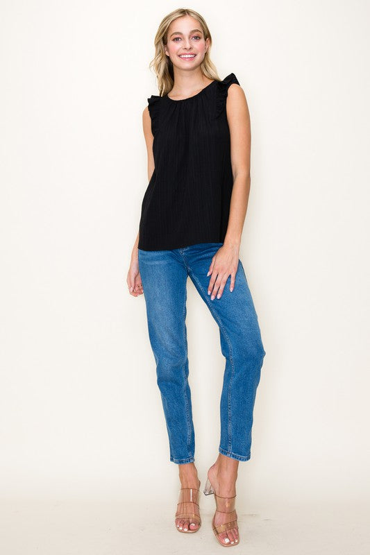 Ruffle Shoulder Button Back Sleeveless Top