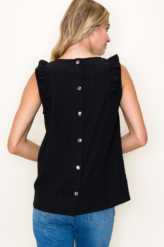 Ruffle Shoulder Button Back Sleeveless Top